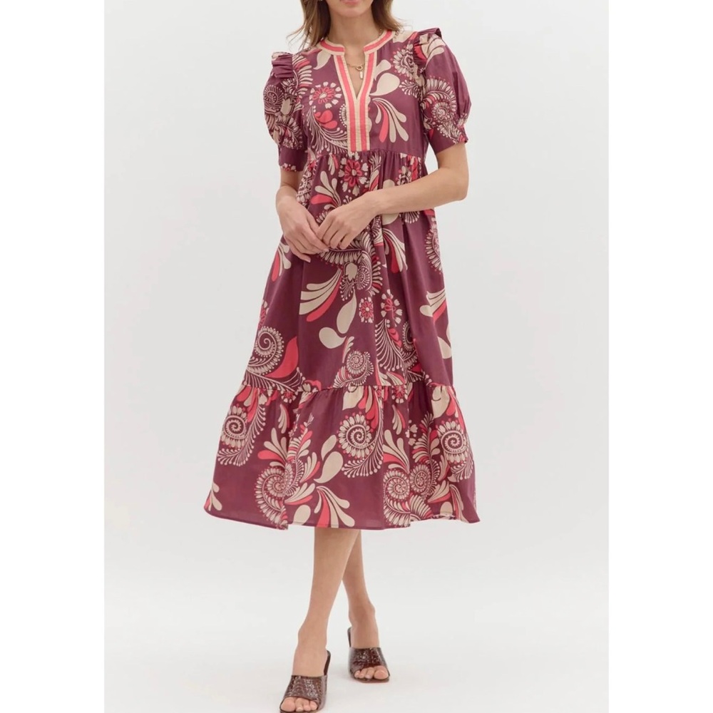 Entro Plum Paisley Midi Dress Pockets Floral Ruffle Boho Summer Midi Dress